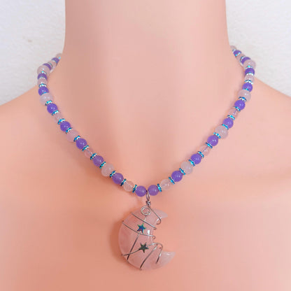 Rose Quartz Wire-Wrapped Crescent Moon Necklace - “Celestial Blush”