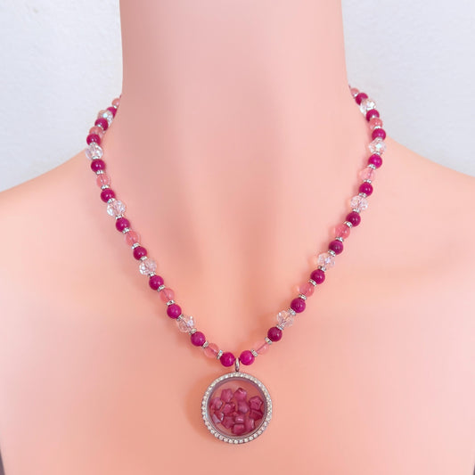 Pink Tourmaline Star Floating Locket Gemstone Beaded Necklace