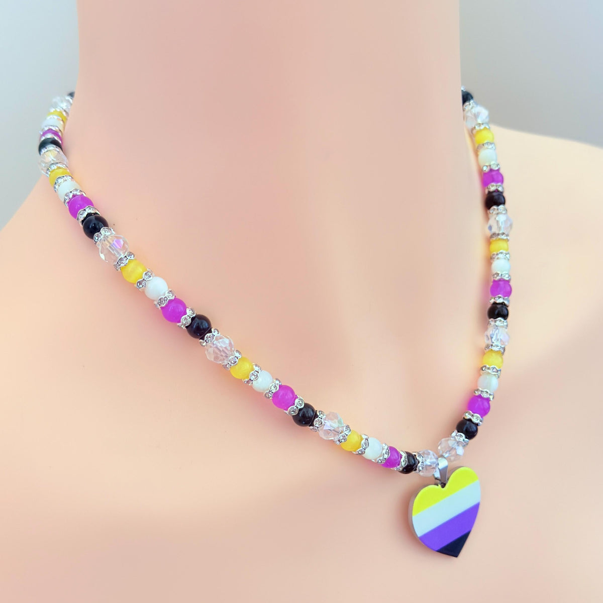 Nonbinary Pride Heart LGBTQ Gemstone Beaded Necklace