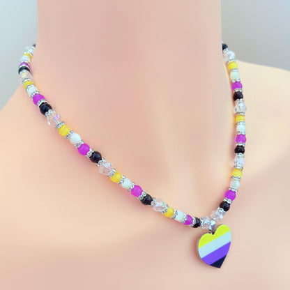 Nonbinary Pride Heart LGBTQ Gemstone Beaded Necklace