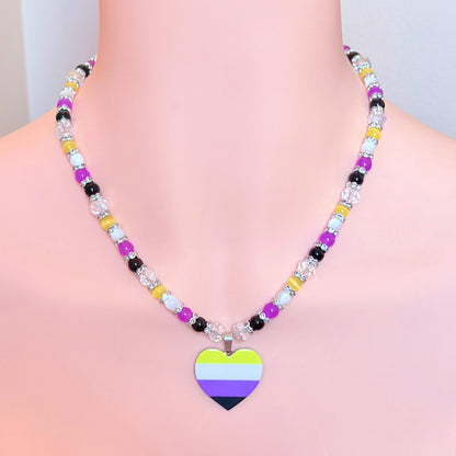 Nonbinary Pride Heart LGBTQ Gemstone Beaded Necklace