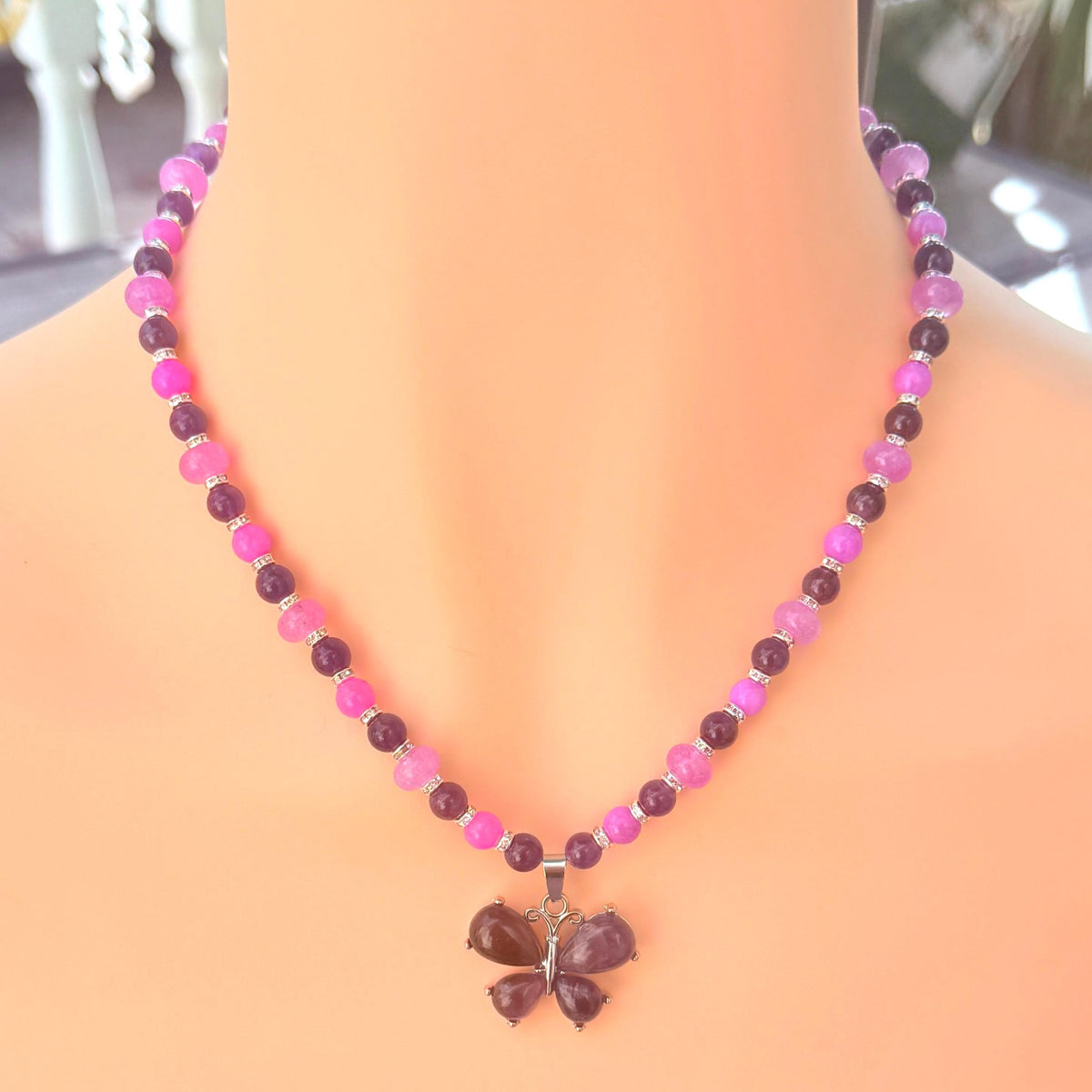 Amethyst Butterfly Pendant Necklace – Purple Gemstone Beaded Necklace