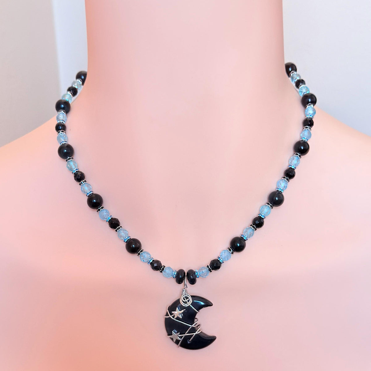 Crescent Stone Wire-Wrapped Pendant | Onyx and Topaz Gemstone Necklace