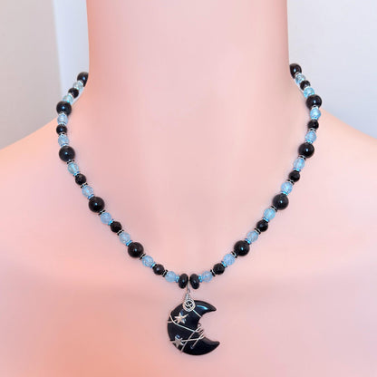 Crescent Stone Wire-Wrapped Pendant | Onyx and Topaz Gemstone Necklace