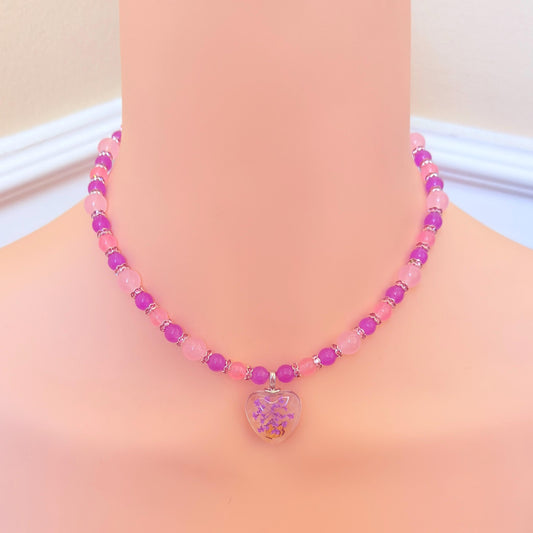 Pink and Purple Dried Flower Heart Pendant Gemstone Beaded Necklace