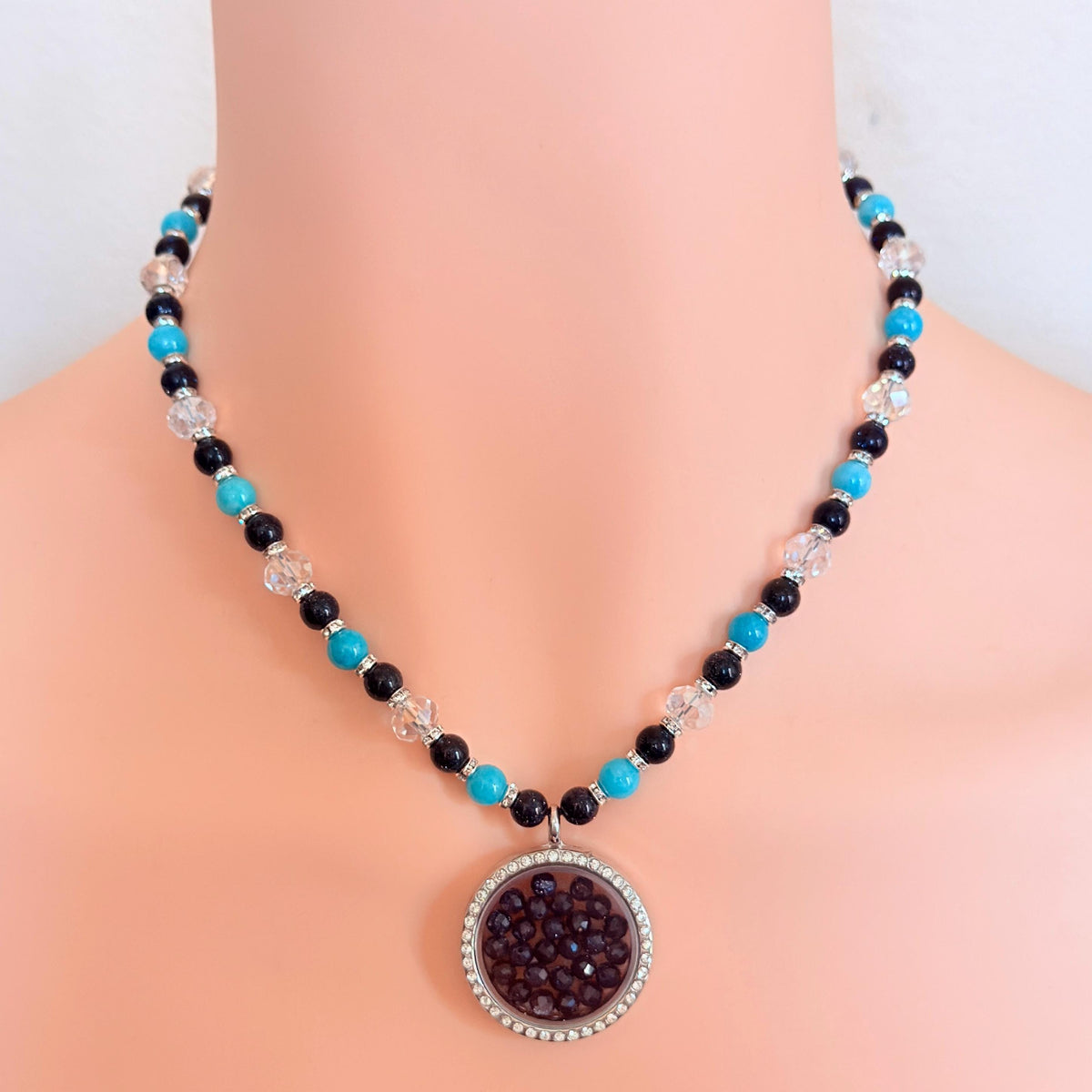 Floating Locket Bedazzled Necklace - Blue Sandstone & Aquamarine Gemstone