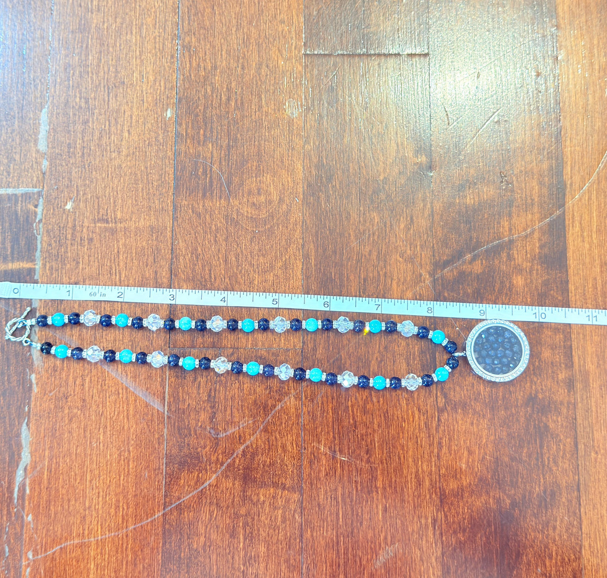 Floating Locket Bedazzled Necklace - Blue Sandstone & Aquamarine Gemstone
