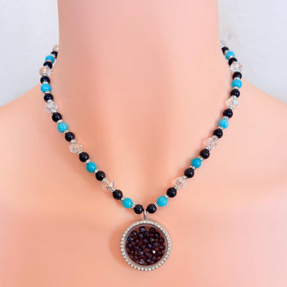 Floating Locket Bedazzled Necklace - Blue Sandstone & Aquamarine Gemstone