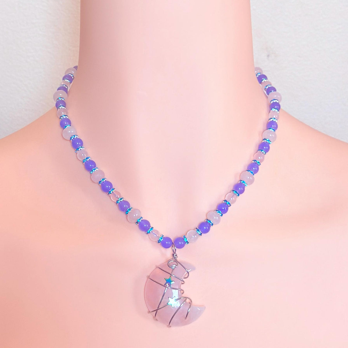 Rose Quartz Wire-Wrapped Crescent Moon Necklace - “Celestial Blush”