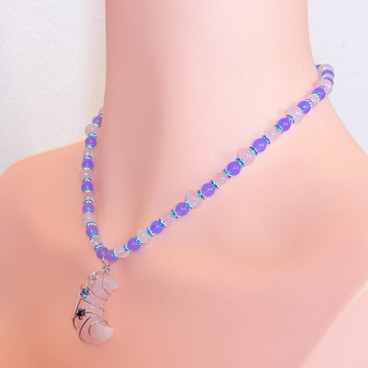 Rose Quartz Wire-Wrapped Crescent Moon Necklace - “Celestial Blush”