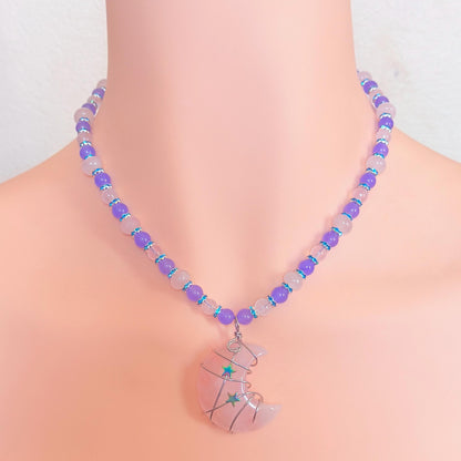 Rose Quartz Wire-Wrapped Crescent Moon Necklace - “Celestial Blush”