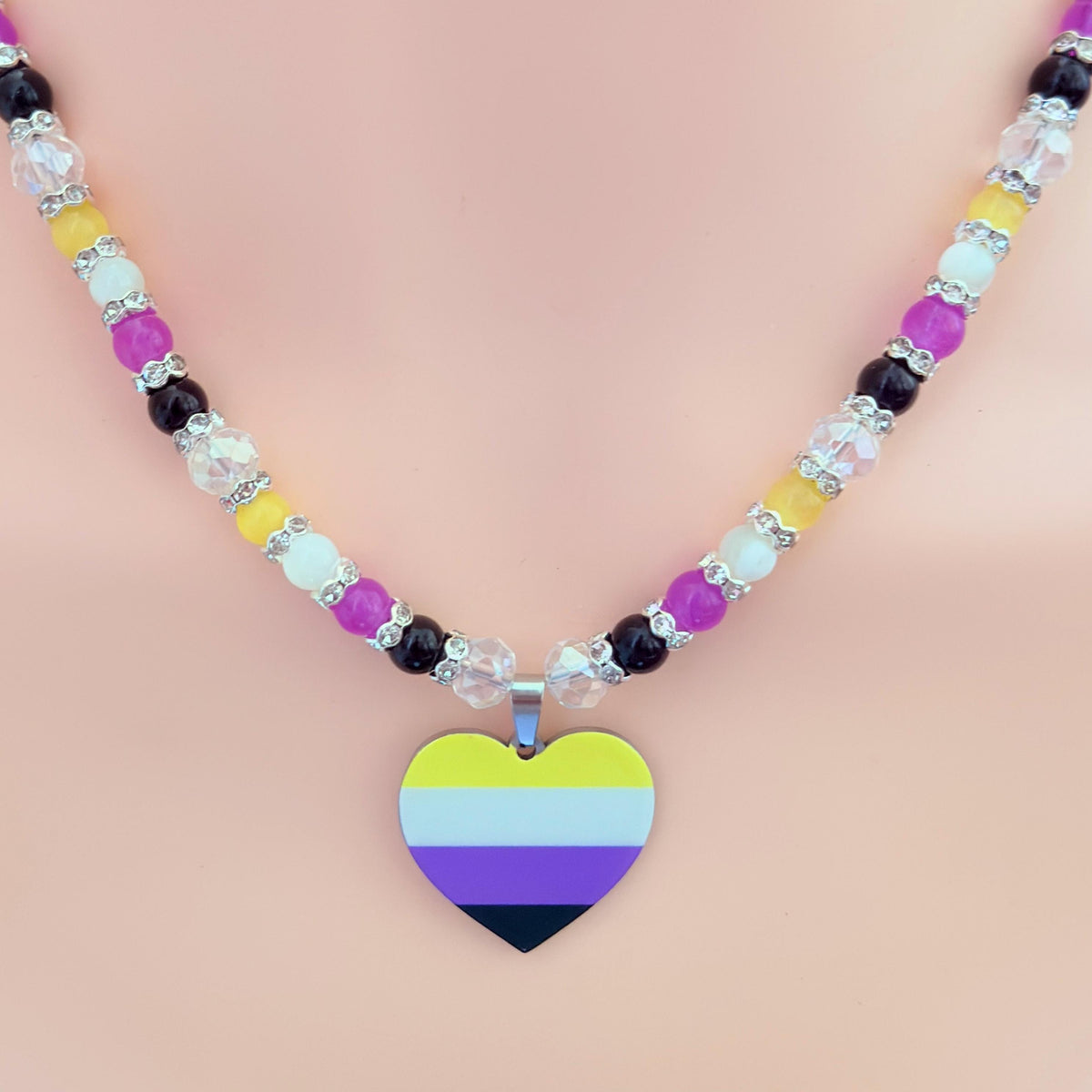 Nonbinary Pride Heart LGBTQ Gemstone Beaded Necklace