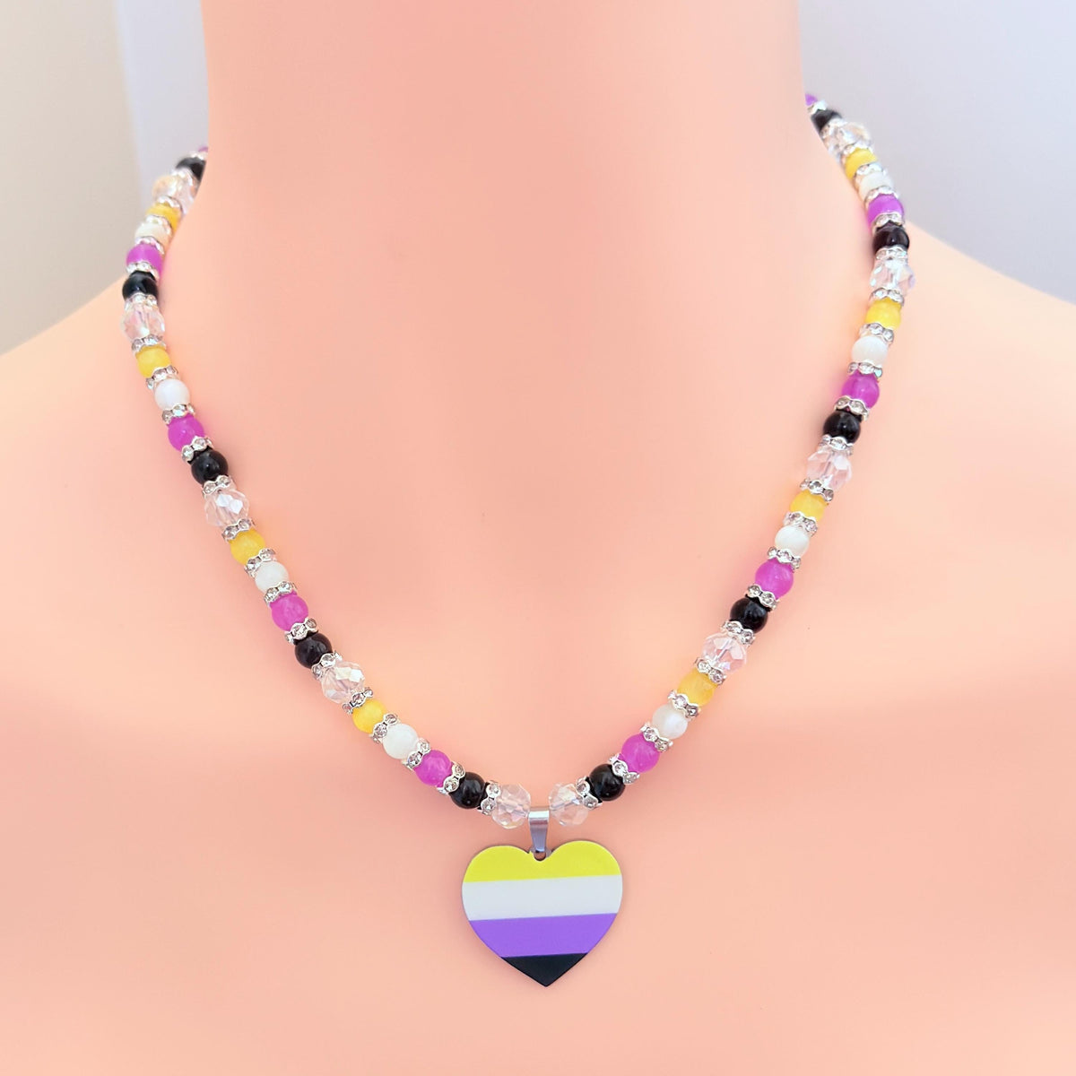 Nonbinary Pride Heart LGBTQ Gemstone Beaded Necklace