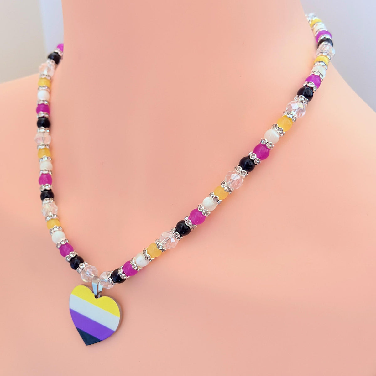 Nonbinary Pride Heart LGBTQ Gemstone Beaded Necklace