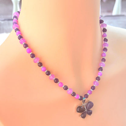 Amethyst Butterfly Pendant Necklace – Purple Gemstone Beaded Necklace