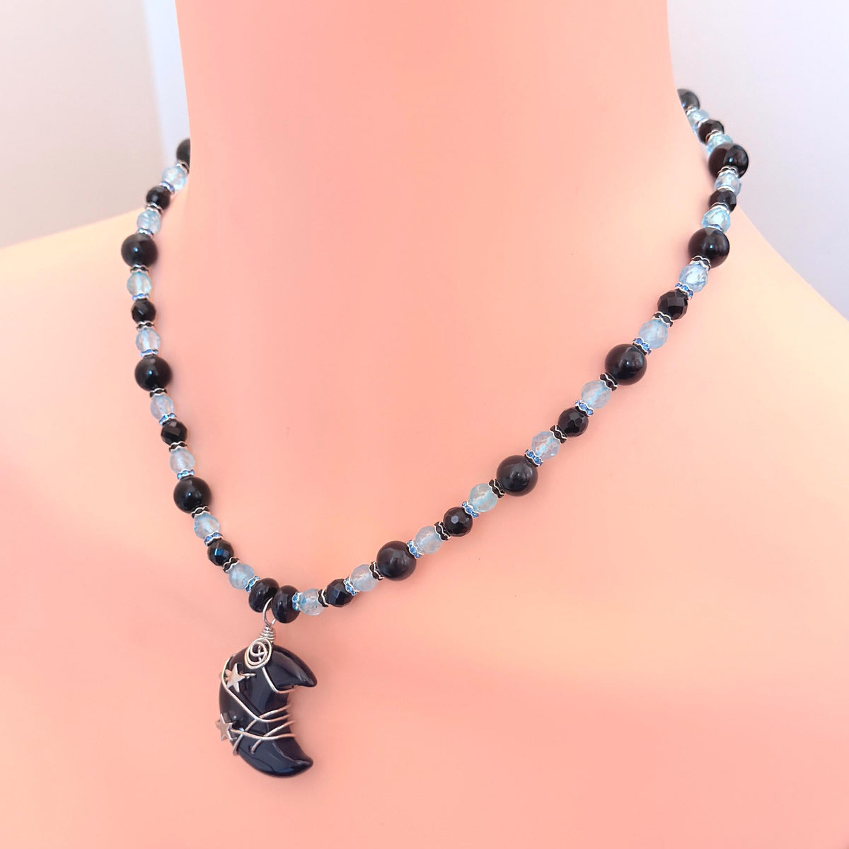 Crescent Stone Wire-Wrapped Pendant | Onyx and Topaz Gemstone Necklace