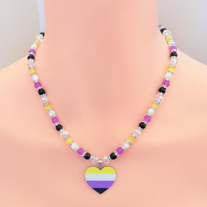 Nonbinary Pride Heart LGBTQ Gemstone Beaded Necklace