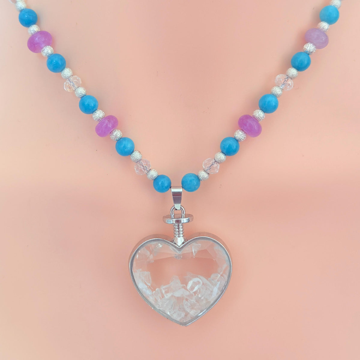 Floating Locket Bedazzled Gemstone Beaded Necklace 