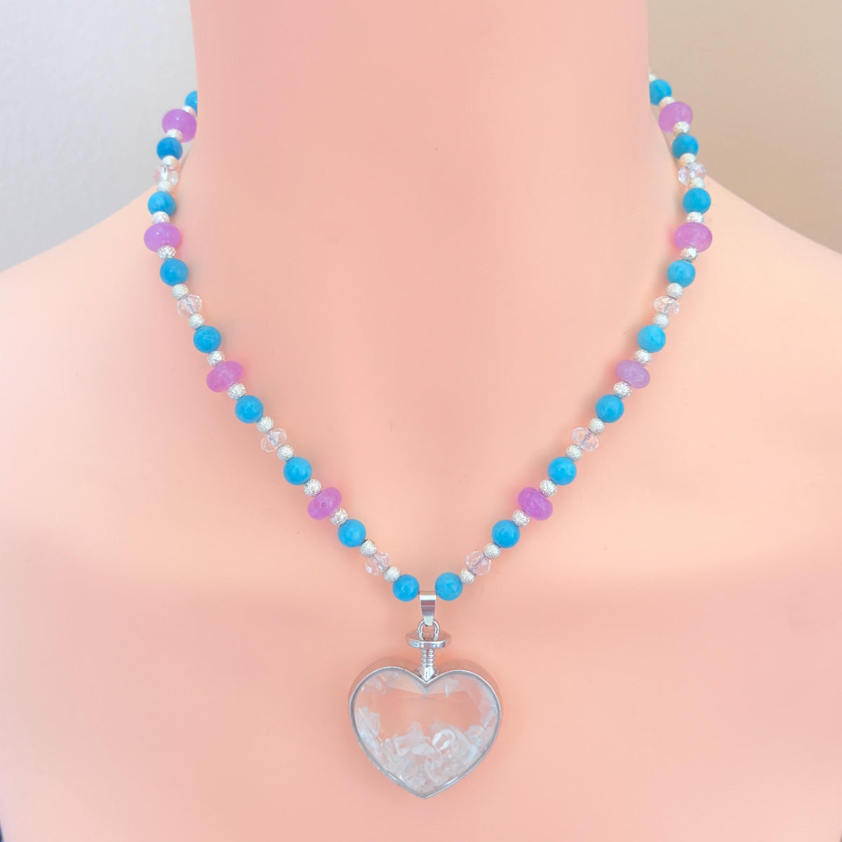 Floating Locket Bedazzled Gemstone Beaded Necklace 