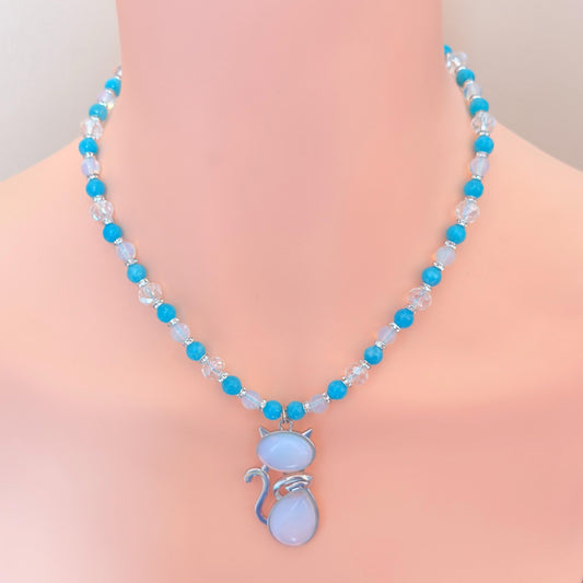 Opal and Aqua Jade Cat Necklace - Moonwhisper Familiar