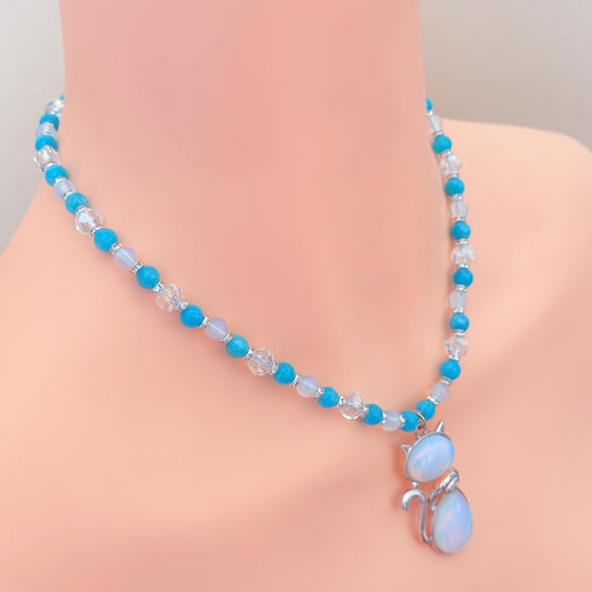Opal and Aqua Jade Cat Necklace - Moonwhisper Familiar