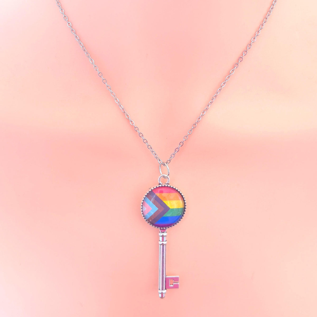 Rainbow Progress Pride Key LGBTQIA Pendant Necklace