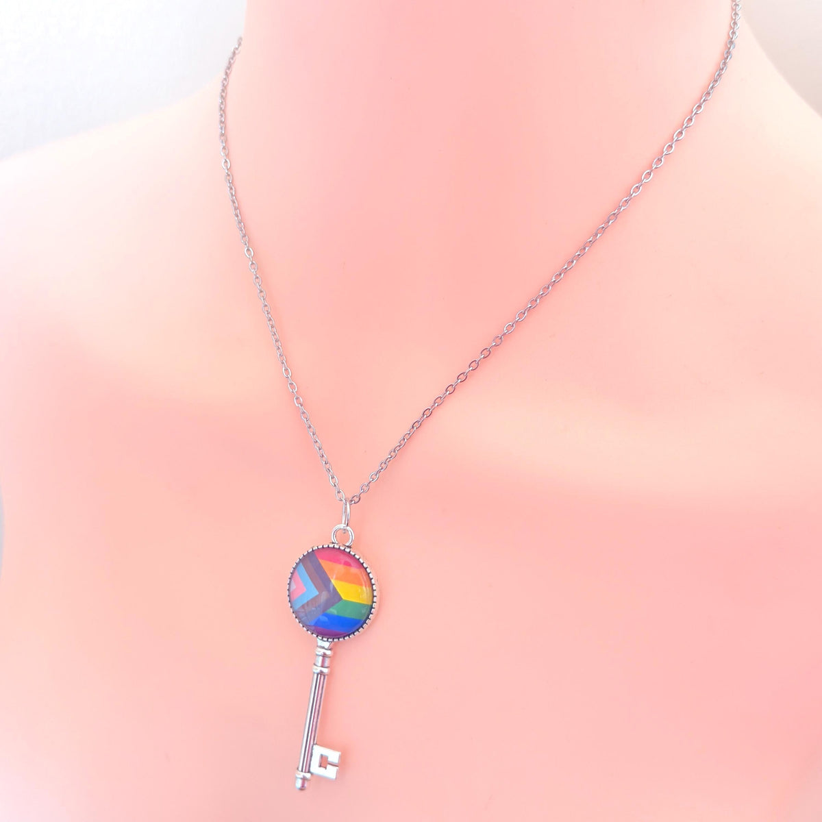 Rainbow Progress Pride Key LGBTQIA Pendant Necklace