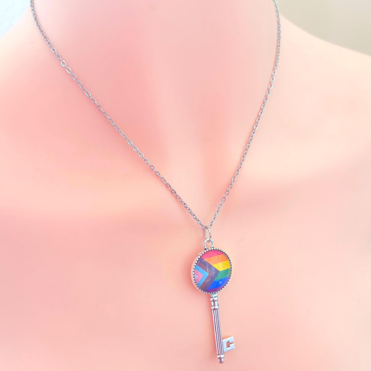 Rainbow Progress Pride Key LGBTQIA Pendant Necklace