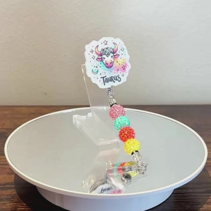 Taurus Zodiac Rhinestone Badge Reel – Acrylic Beaded ID Holder | Swivel Alligator Clip | Retractable Nurse, Teacher & Office Badge Reel