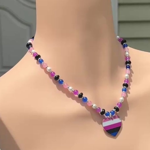 Genderfluid Pride Heart Pendant - Gemstone Beaded Necklace