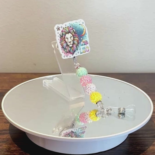 Leo Zodiac Rhinestone Badge Reel – Acrylic Beaded ID Holder | Swivel Alligator Clip | Retractable Nurse, Teacher & Office Badge Reel