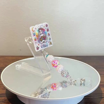 Virgo Zodiac Rhinestone Badge Reel – Acrylic Beaded ID Holder | Swivel Alligator Clip | Retractable Nurse, Teacher & Office Badge Reel