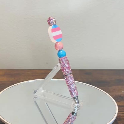 Trans Pride Rhinestone Beaded Pen | Super Sparkly Retractable Pen