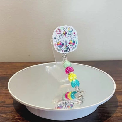 Libra Zodiac Rhinestone Badge Reel – Acrylic Beaded ID Holder | Swivel Alligator Clip | Retractable Nurse, Teacher & Office Badge Reel