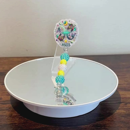 Pisces Zodiac Rhinestone Badge Reel – Acrylic Beaded ID Holder | Swivel Alligator Clip | Retractable Nurse, Teacher & Office Badge Reel