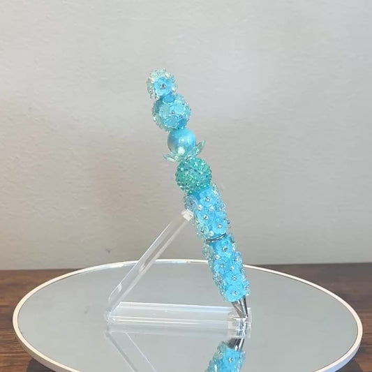 Blue Acrylic Beaded Pen with Rose Accented Base
