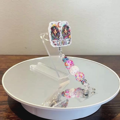 Gemini Zodiac Rhinestone Badge Reel – Acrylic Beaded ID Holder | Swivel Alligator Clip | Retractable Nurse, Teacher & Office Badge Reel
