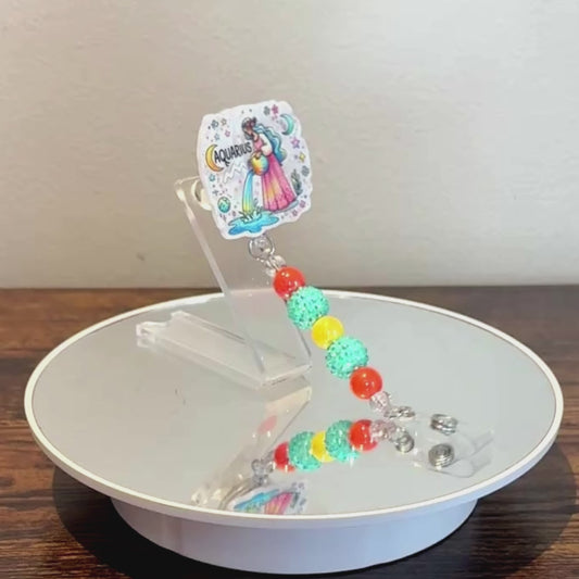 Aquarius Zodiac Rhinestone Badge Reel – Acrylic Beaded ID Holder | Swivel Alligator Clip | Retractable Nurse, Teacher & Office Badge Reel