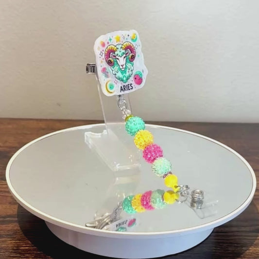 Aries Zodiac Rhinestone Badge Reel – Acrylic Beaded ID Holder | Swivel Alligator Clip | Retractable Nurse, Teacher & Office Badge Reel