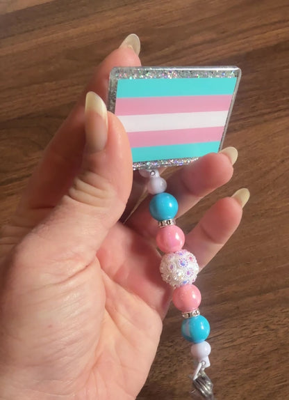Trans Pride Beaded Badge Reel – Shine Loud, Shine Proud